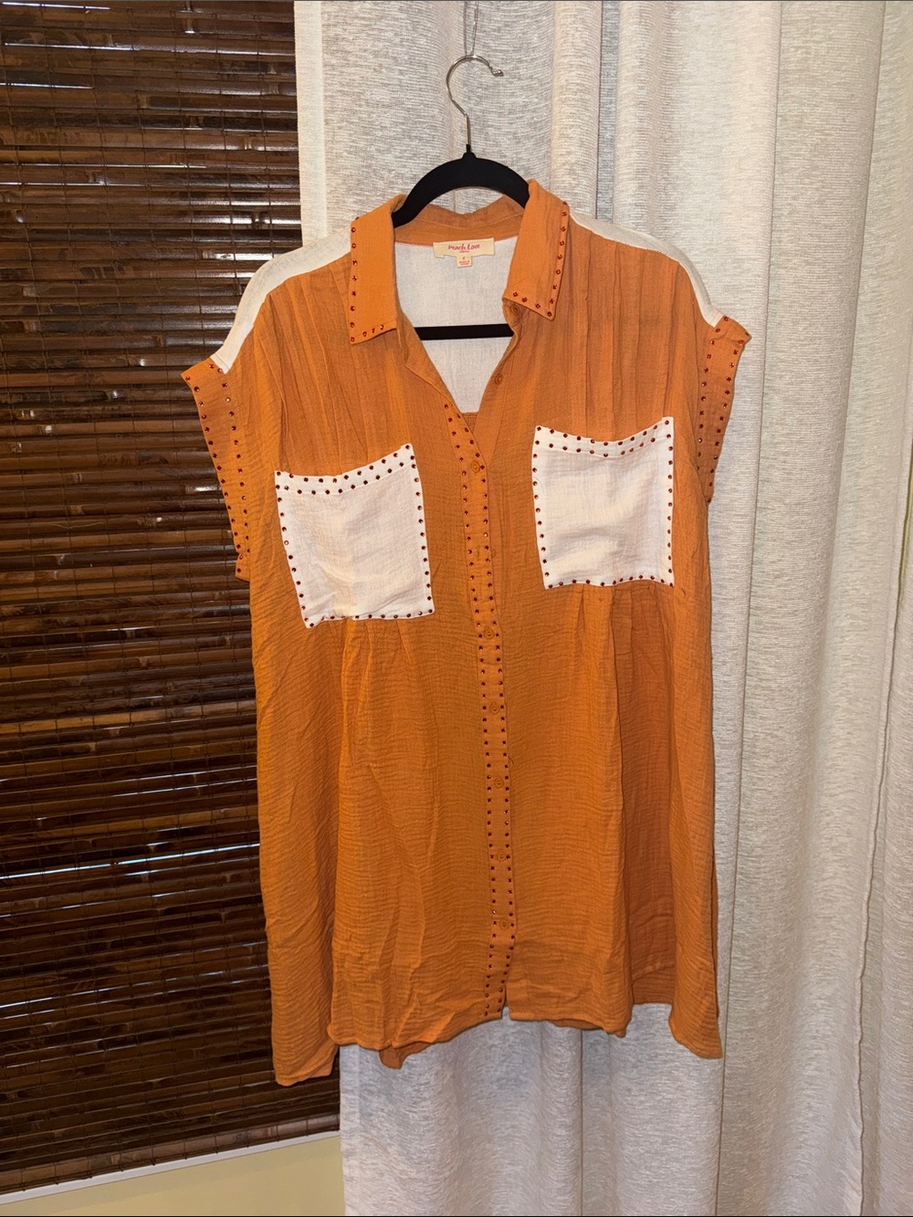 Peach Love California Orange and White Studded Button-Down Dress NWOT